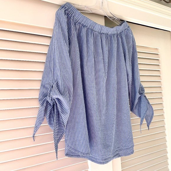 beachlunchlounge  Paige Blue Stripe Tie Bell Sleeve Off The Shoulder Top S - Picture 6 of 8